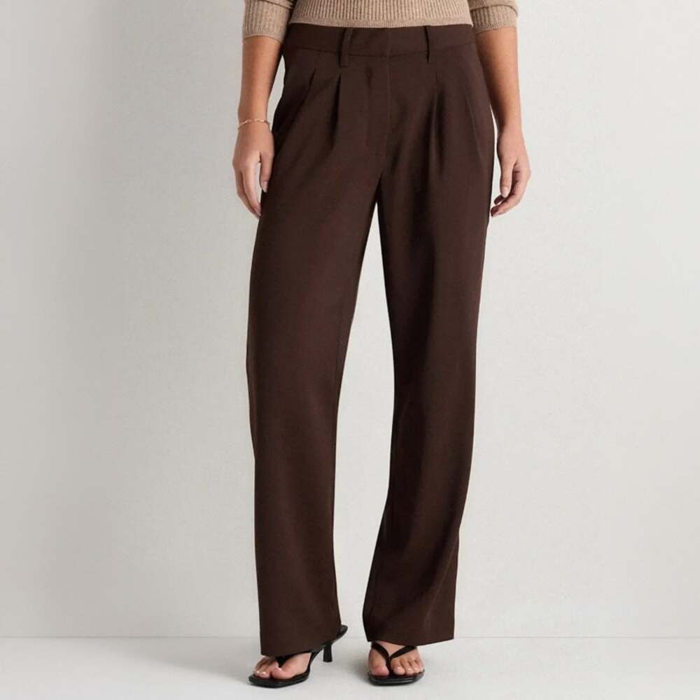 Quince Stretch Crepe Pleated Wide Leg Pant in Brown Size 8